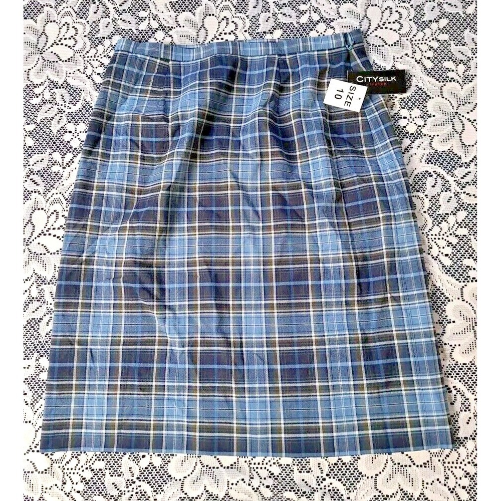 City Silk Skirt Womens Size 10 Blue Plaid‎ Back Pleat Zipper Lined New with Tags